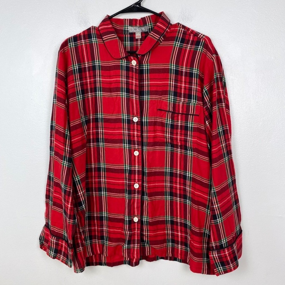 J. Crew Flannel Pajama Top Good Tidings Plaid Button Up Long Sleeve Size Medium